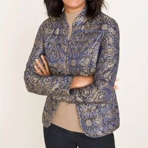 Chico’s Blue and Gold Quilted Open Blazer with Paisley Design Small